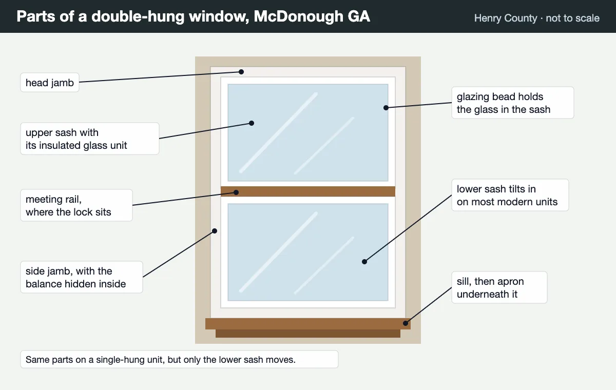 Parts of a double hung window in a McDonough GA house: head jamb, upper and lower sash, meeting rail, side jamb, sill and apron