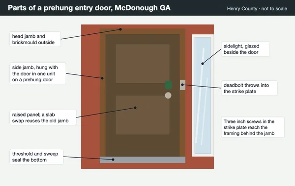 Diagram of the parts of a prehung entry door