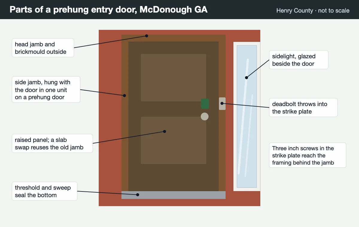 Front door replacement in McDonough GA: the parts of a prehung entry door, with jambs, threshold, sidelight and strike plate