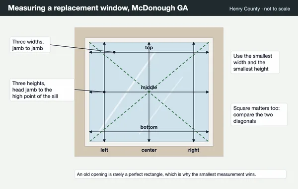 Diagram of a replacement window measured at three widths and three heights