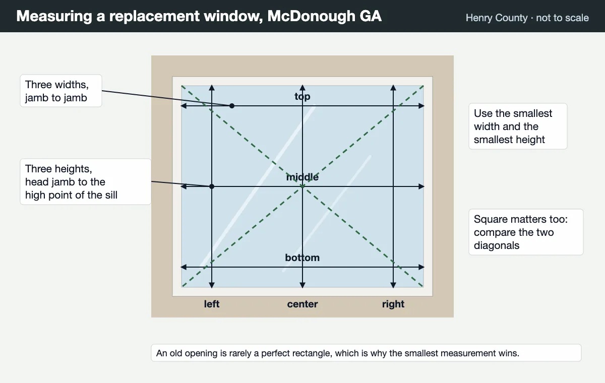 Diagram of a replacement window measured at three widths and three heights
