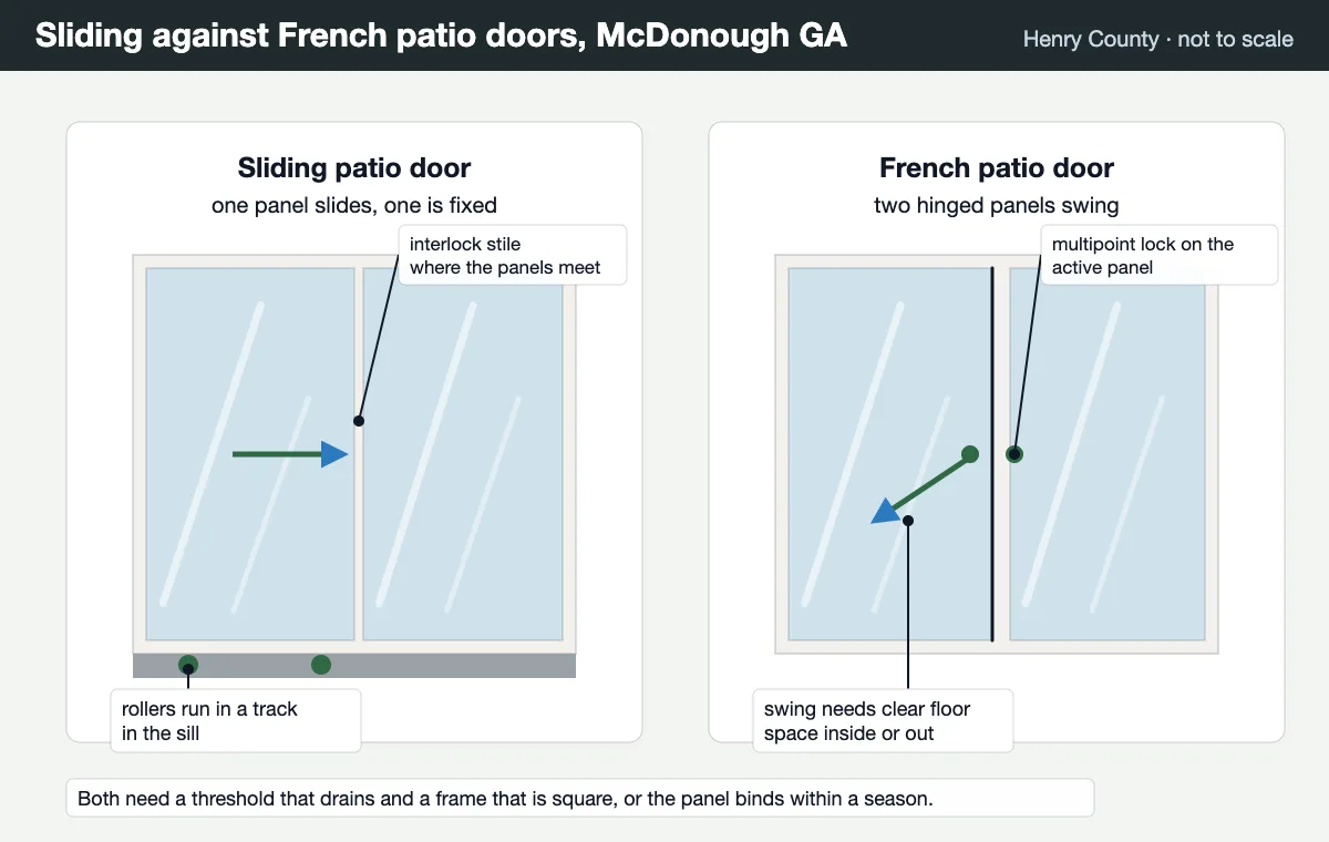 Sliding against French patio doors, showing rollers, track and swing space