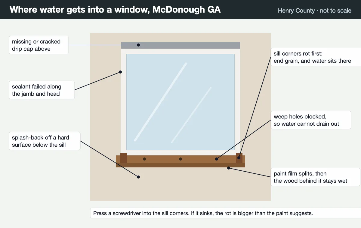 Where water gets into a window on an older Hampton GA house, the thing that turns a window replacement into carpentry