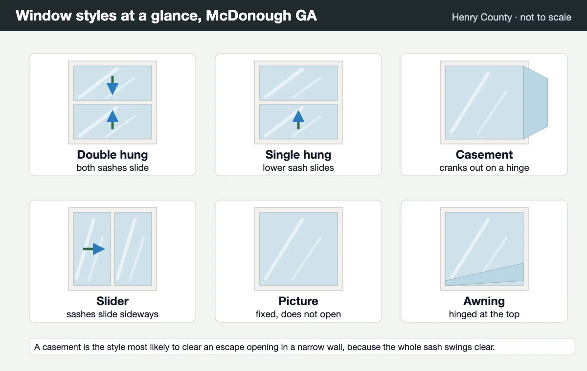 Window styles sold in McDonough GA, from double hung to awning, shown side by side