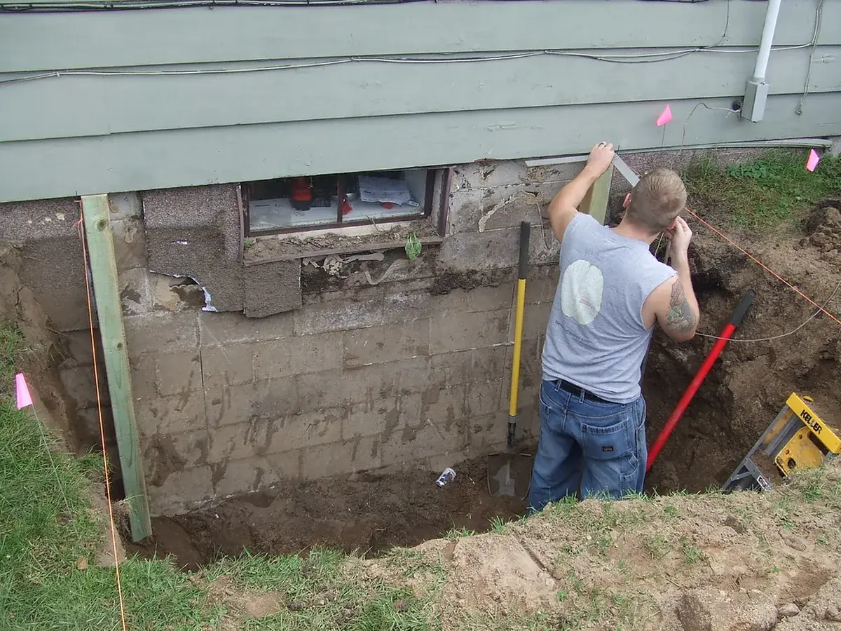 Setting out a basement egress window installation in McDonough GA: the excavation open and the opening being measured against the foundation wall